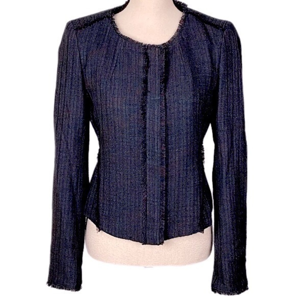 ANN TAYLOR LOFT slate blue w/red, tweed blazer with fringe detail. Size 2. EUC